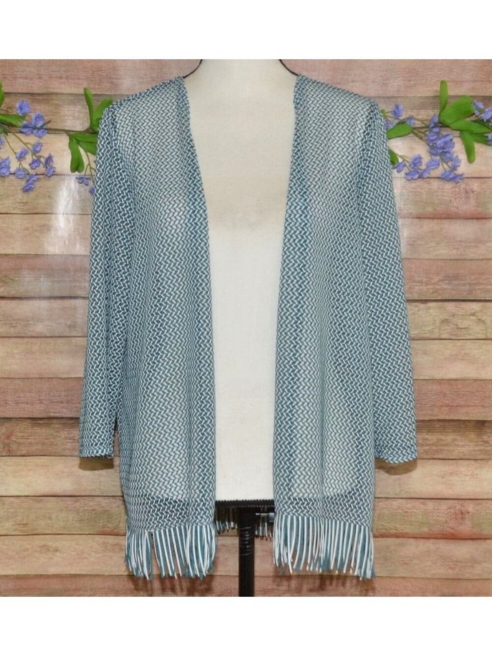 Easywear by Chico's Size 2 US L Cute Open Front Cardigan Boho Fringe Teal Blue